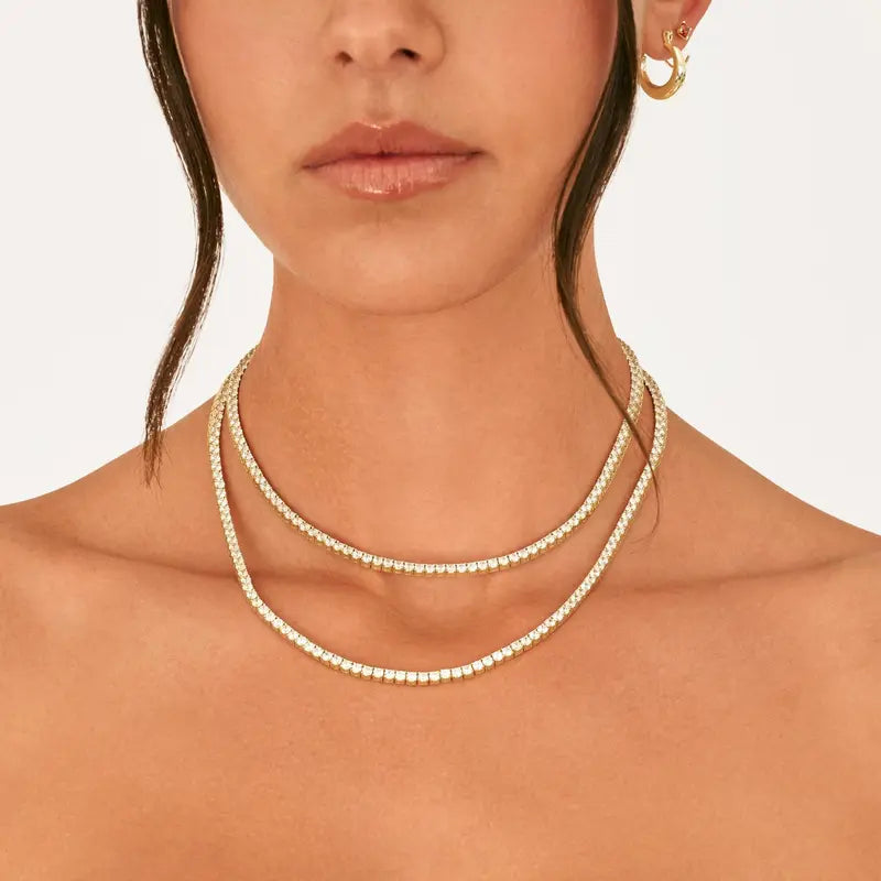 14K Gold Plated 3mm Simulated Diamond Tennis Necklace for Women, Chunky Cubic Zirconia Choker, Adjustable Sparkling Statement Jewelry