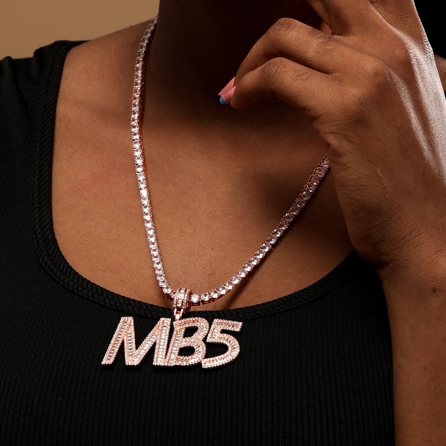 Custom Baguette Letter Pendant Necklace Rose Gold