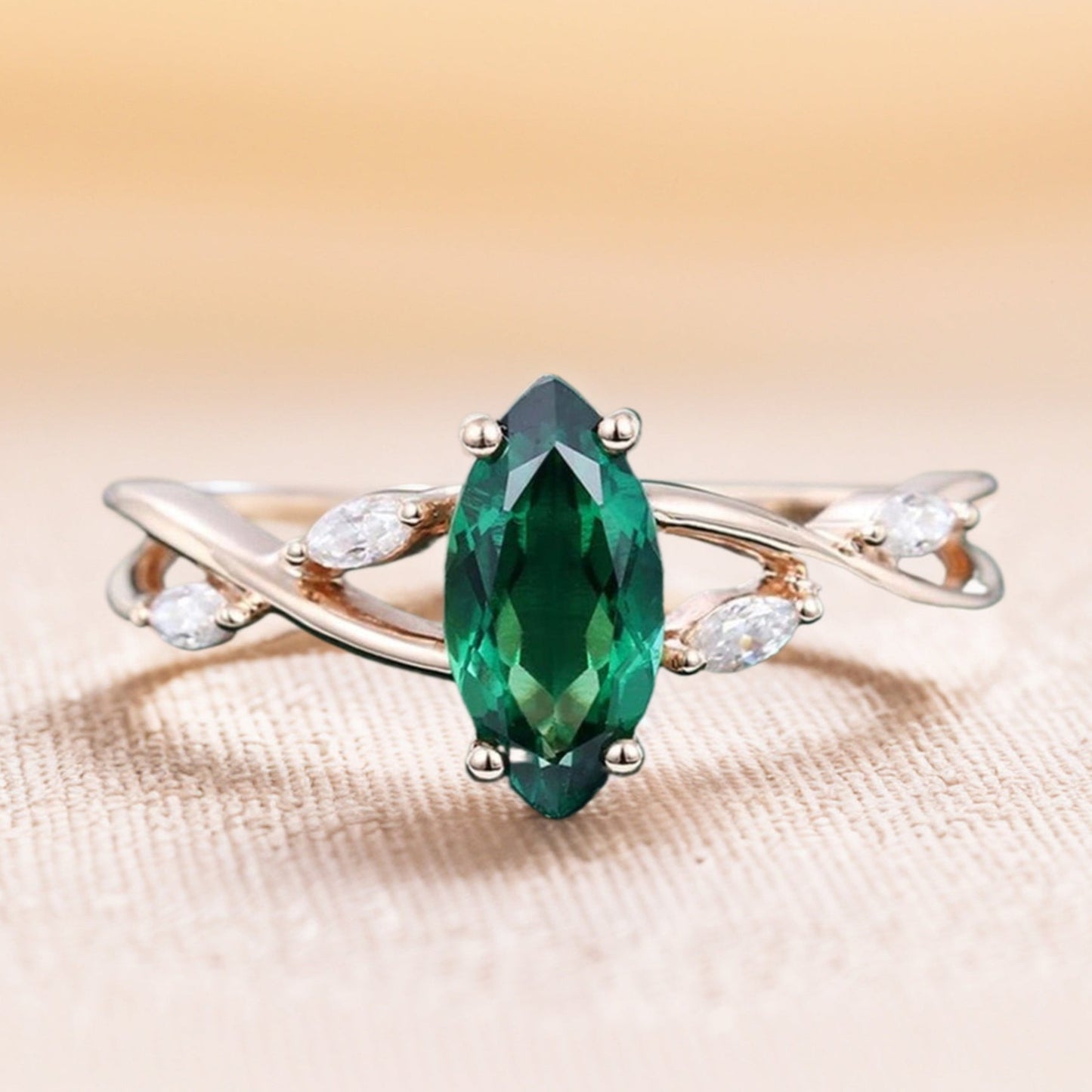 Marquise Cut Emerald Vintage Engagement Ring Split Shank