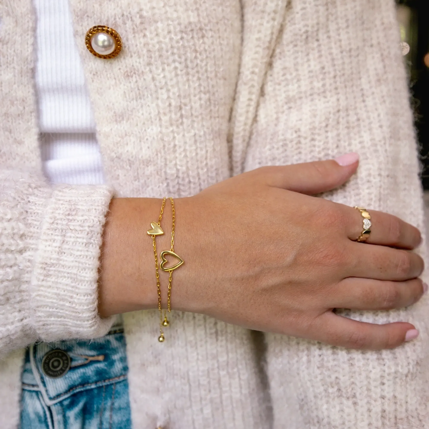 Gold Plated Adjustable Couple Bracelet Love Token Gift for Him Her 2 Matching Hearts