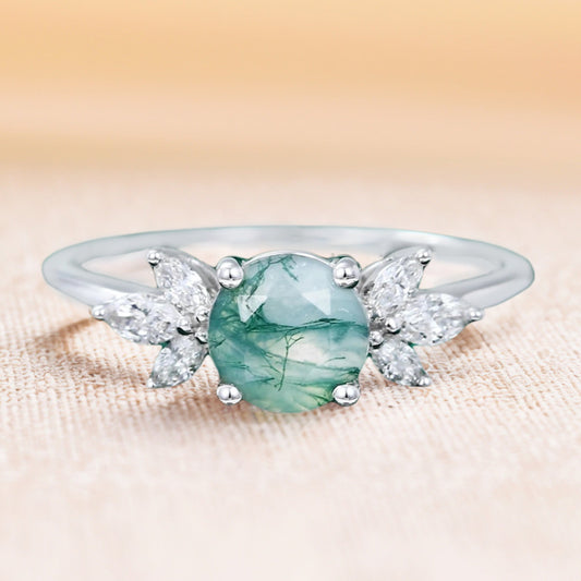 Round Cut Moss Agate Engagement Ring with Marquise Moissanite Cluster