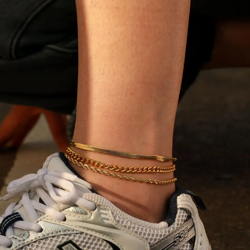Women's Gold-Plated Anklet Set Cuban Link Anklets Layered Stackable Style