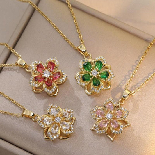 Rotatable Flower Design Pendant Necklace