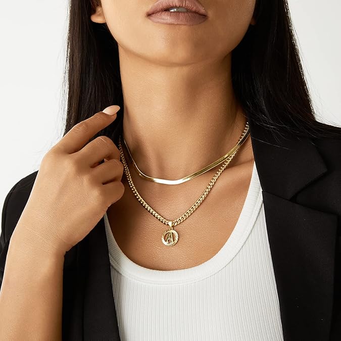 Gold Initial Letter Necklace: A-Z Hollow Initial Cuban Chain