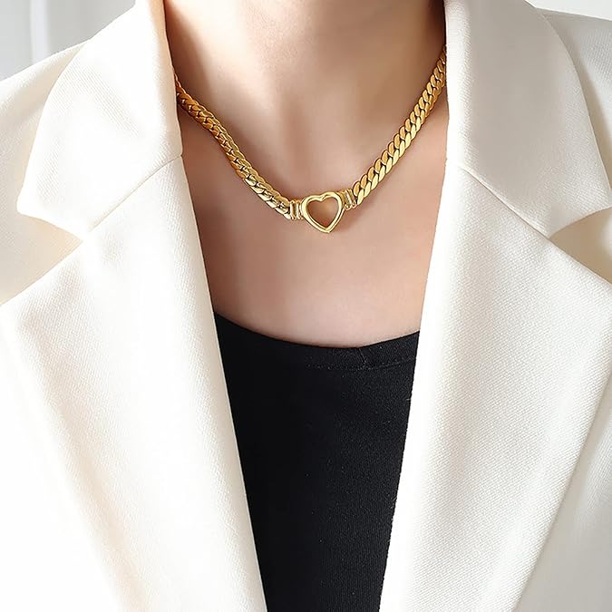 Hollow Heart Pendant Cuban Chain Heart Charms Choker