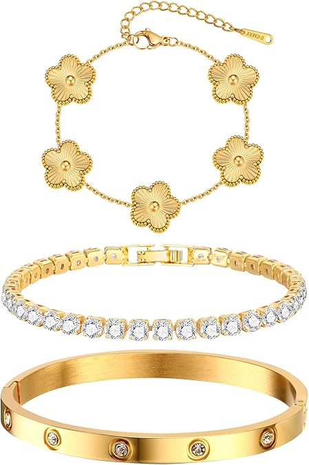 Golden Bloom Stacking Bracelet Set – 3-Piece Gold Plated Bangle & Tennis Chain