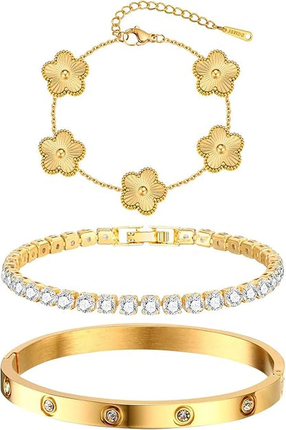 Golden Bloom Stacking Bracelet Set – 3-Piece Gold Plated Bangle & Tennis Chain