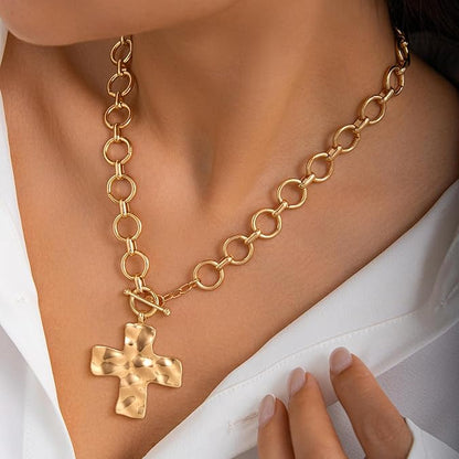 Chunky Paperclip Chain Necklace Heart Cross Pendant Cuban Layering Chain With Lock Clasp