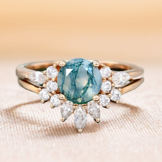 Moss Agate Engagement Ring Set