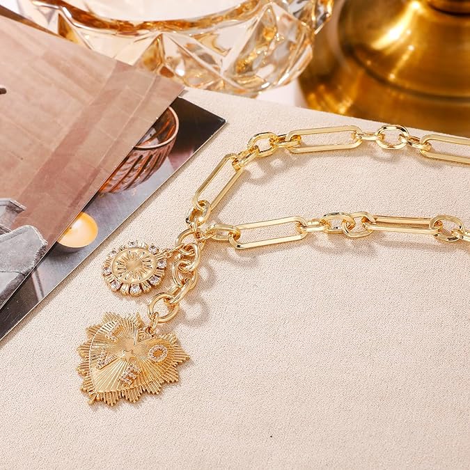 Hip-Hop Heart & Sun Cuban Necklace Gold Plated Zirconia Pendant Unisex Bold Love Gift