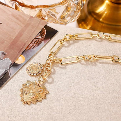 Hip-Hop Heart & Sun Cuban Necklace Gold Plated Zirconia Pendant Unisex Bold Love Gift