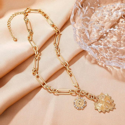 Hip-Hop Heart & Sun Cuban Necklace Gold Plated Zirconia Pendant Unisex Bold Love Gift