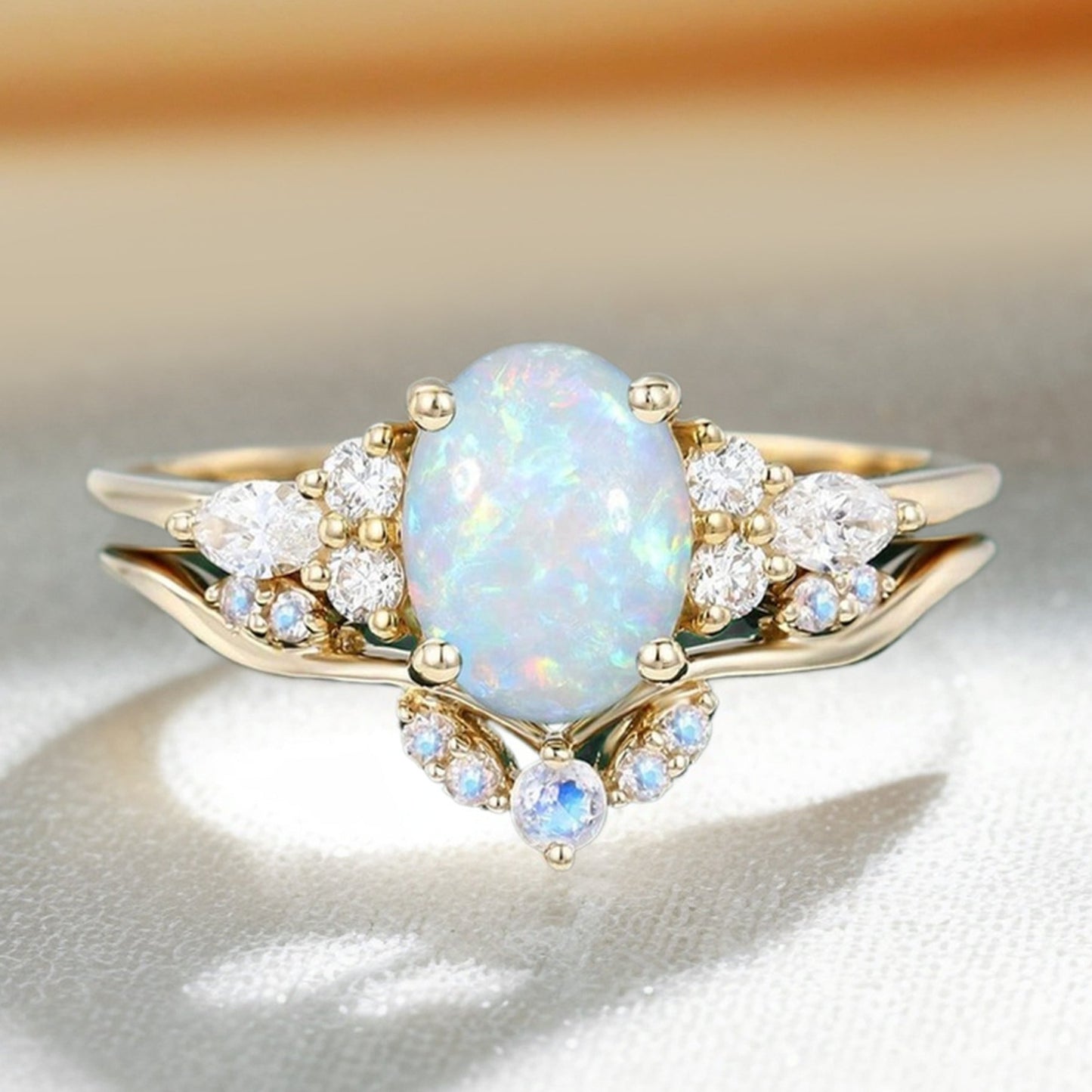 Oval Cut Opal Engagement Ring Set Moonstone Curved Wedding Band Bridal Set