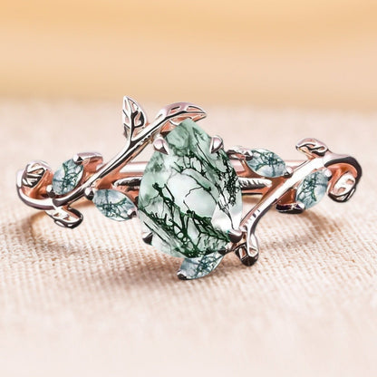 Pear shaped Moss Agate Engagement  Promise Ring Leaf Nature Inspired Bridal Set
