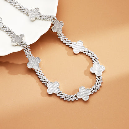 8mm Iced Out  Four Leaf Cuban Link Chain White Gold