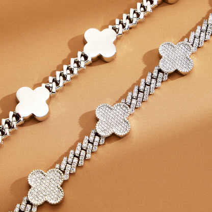 8mm Iced Out  Four Leaf Cuban Link Chain White Gold
