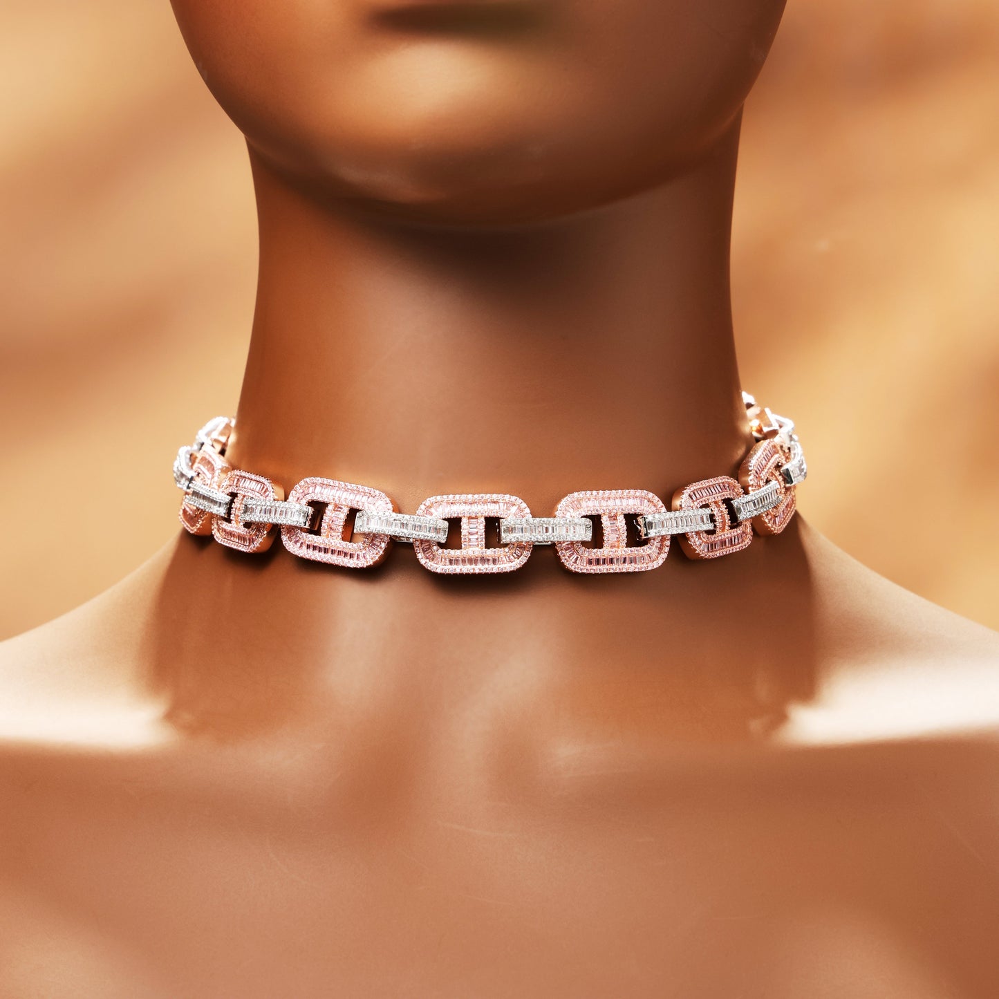 15MM Baguette Miami Cuban Link Iced Out Diamond Necklace Chain White and Pink