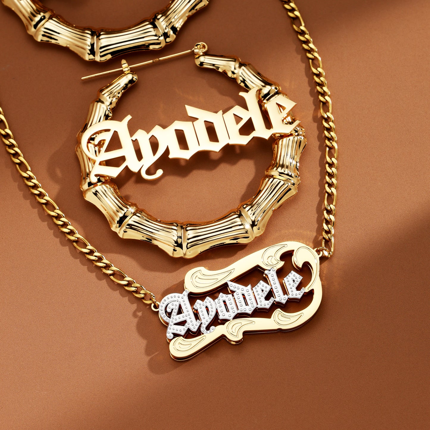 Bamboo Style Custom Name Pendant & Earrings Set