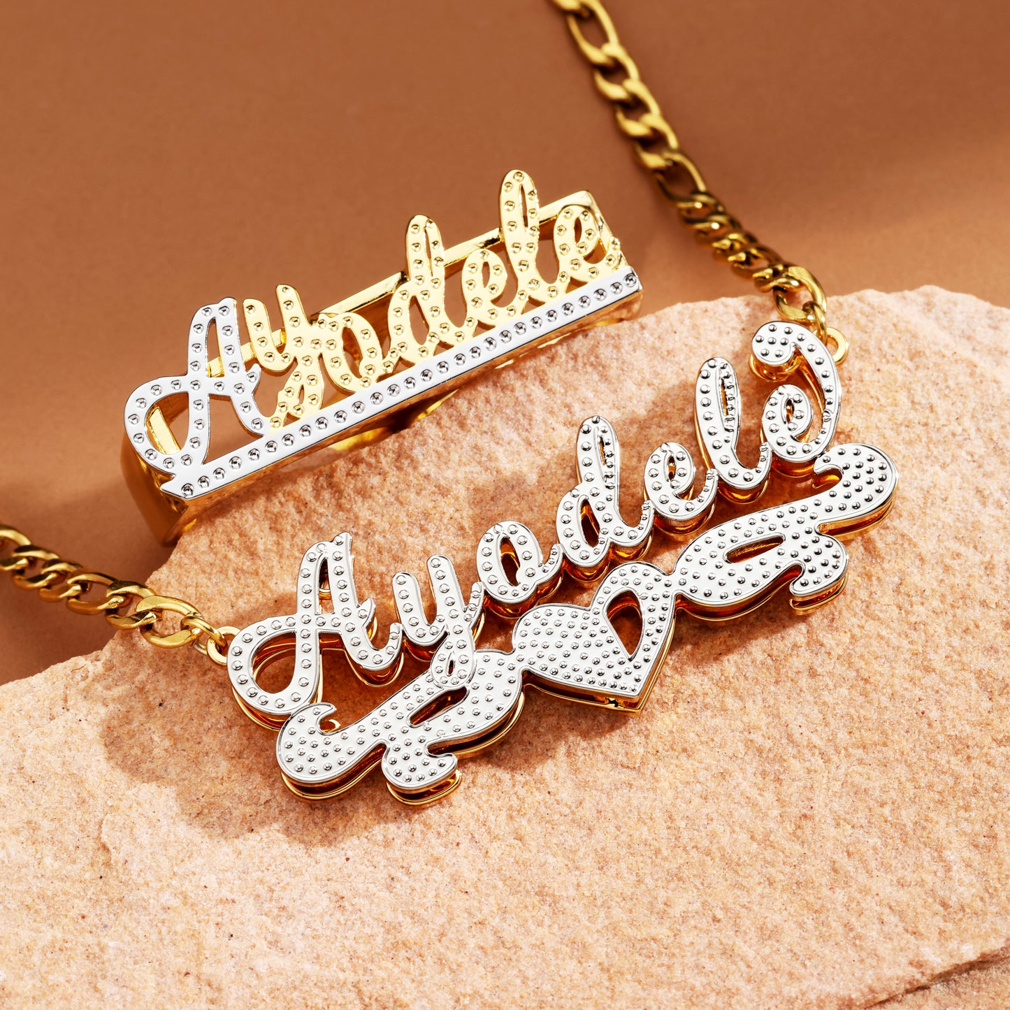 Dual-Tone Custom Name Ring and Heart Necklace