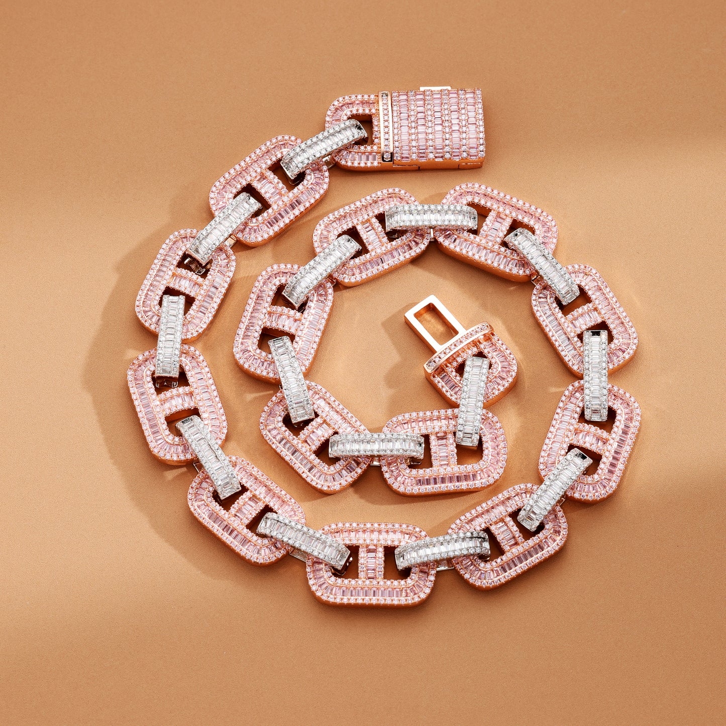 15MM Baguette Miami Cuban Link Iced Out Diamond Necklace Chain White and Pink