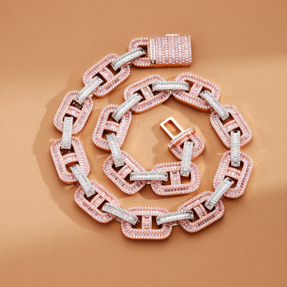 15MM Baguette Miami Cuban Link Iced Out Diamond Necklace Chain White and Pink