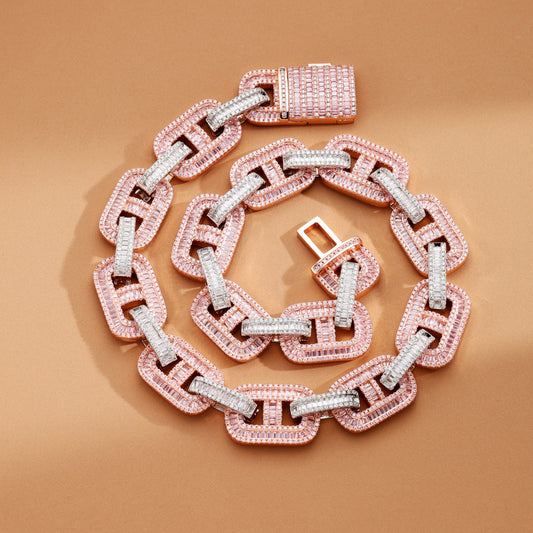 15MM Baguette Miami Cuban Link Iced Out Diamond Necklace Chain White and Pink