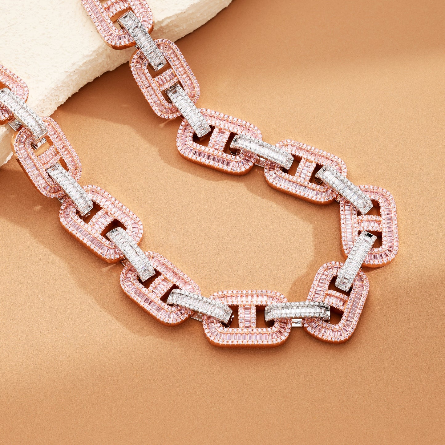 15MM Baguette Miami Cuban Link Iced Out Diamond Necklace Chain White and Pink