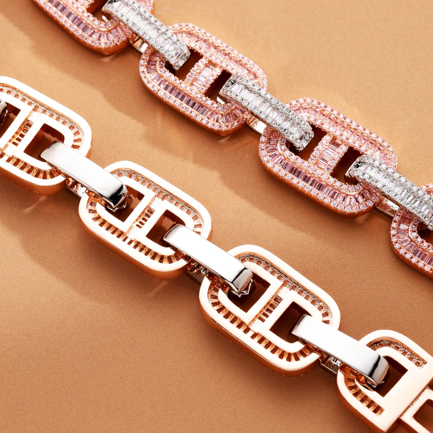 15MM Baguette Miami Cuban Link Iced Out Diamond Necklace Chain White and Pink
