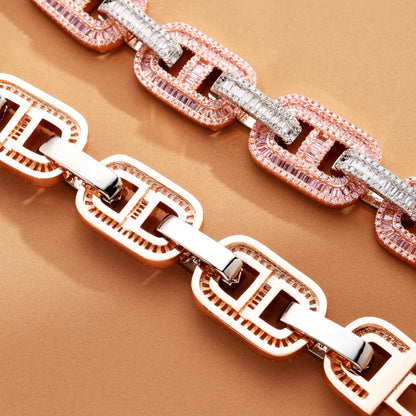 15MM Baguette Miami Cuban Link Iced Out Diamond Necklace Chain White and Pink