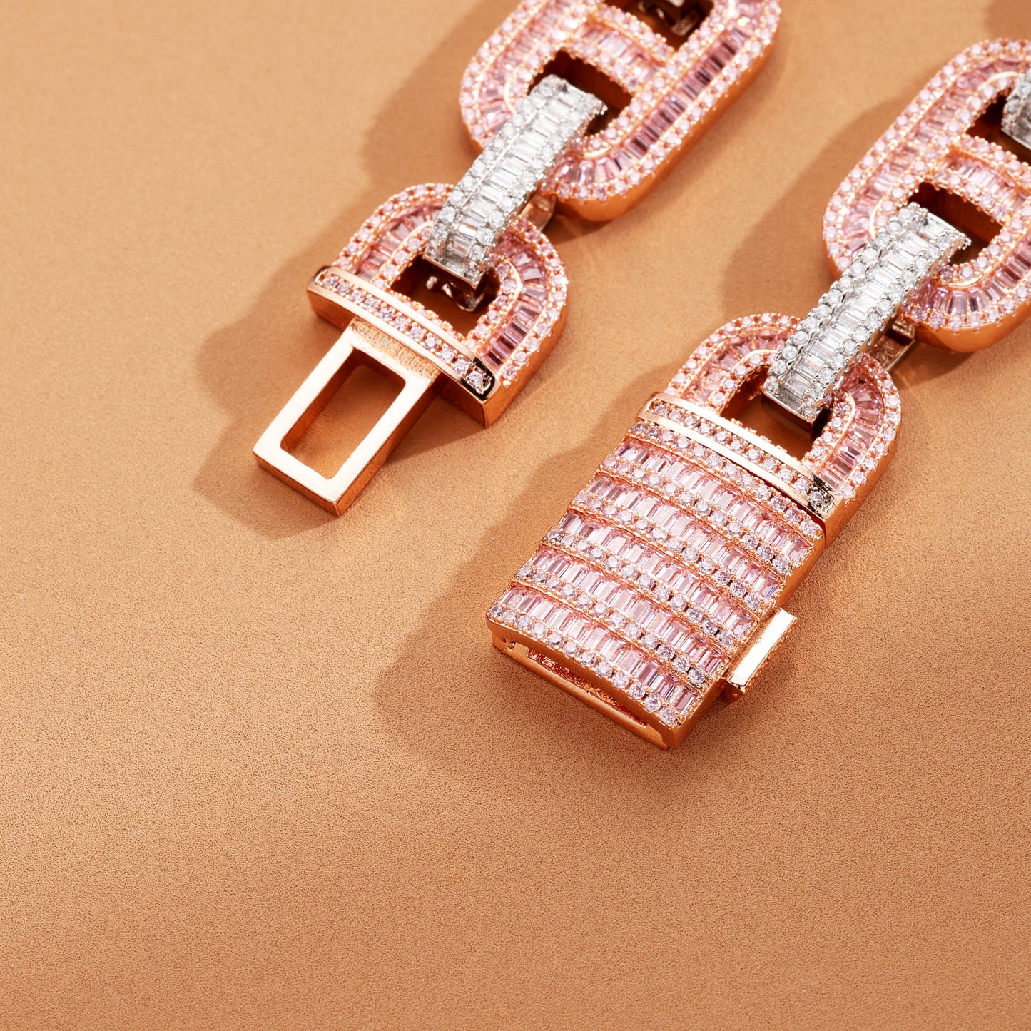 15MM Baguette Miami Cuban Link Iced Out Diamond Necklace Chain White and Pink