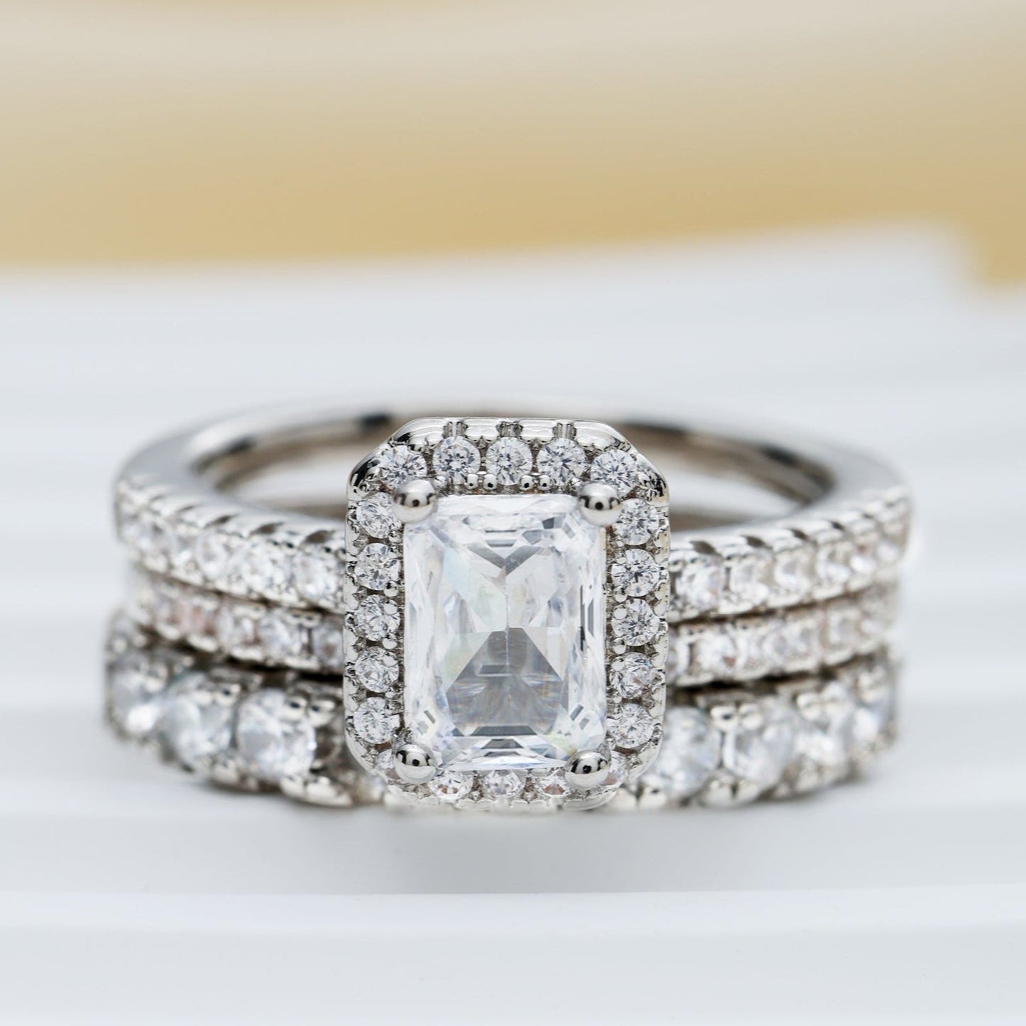 Three-piece Cushion Cut Ring Set with Micro Pave Stones