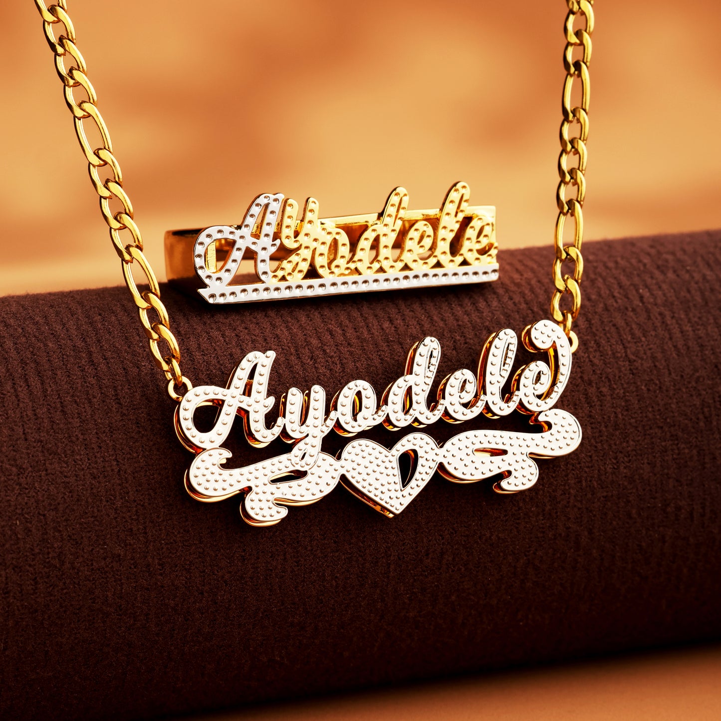 Dual-Tone Custom Name Ring and Heart Necklace