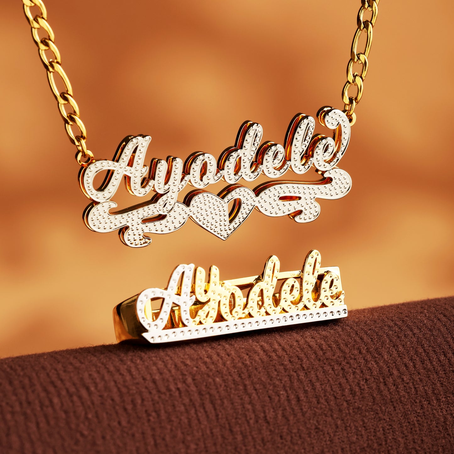 Dual-Tone Custom Name Ring and Heart Necklace