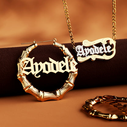 Bamboo Style Custom Name Pendant & Earrings Set