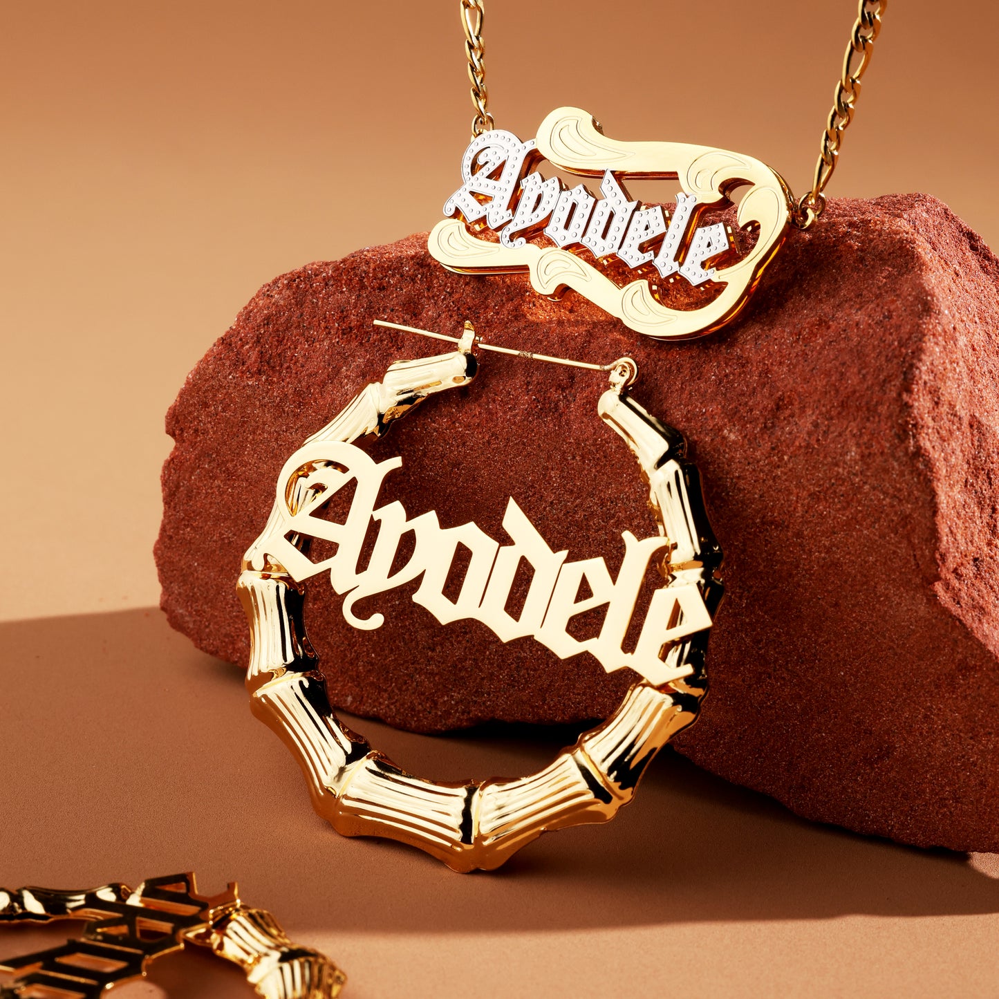Bamboo Style Custom Name Pendant & Earrings Set