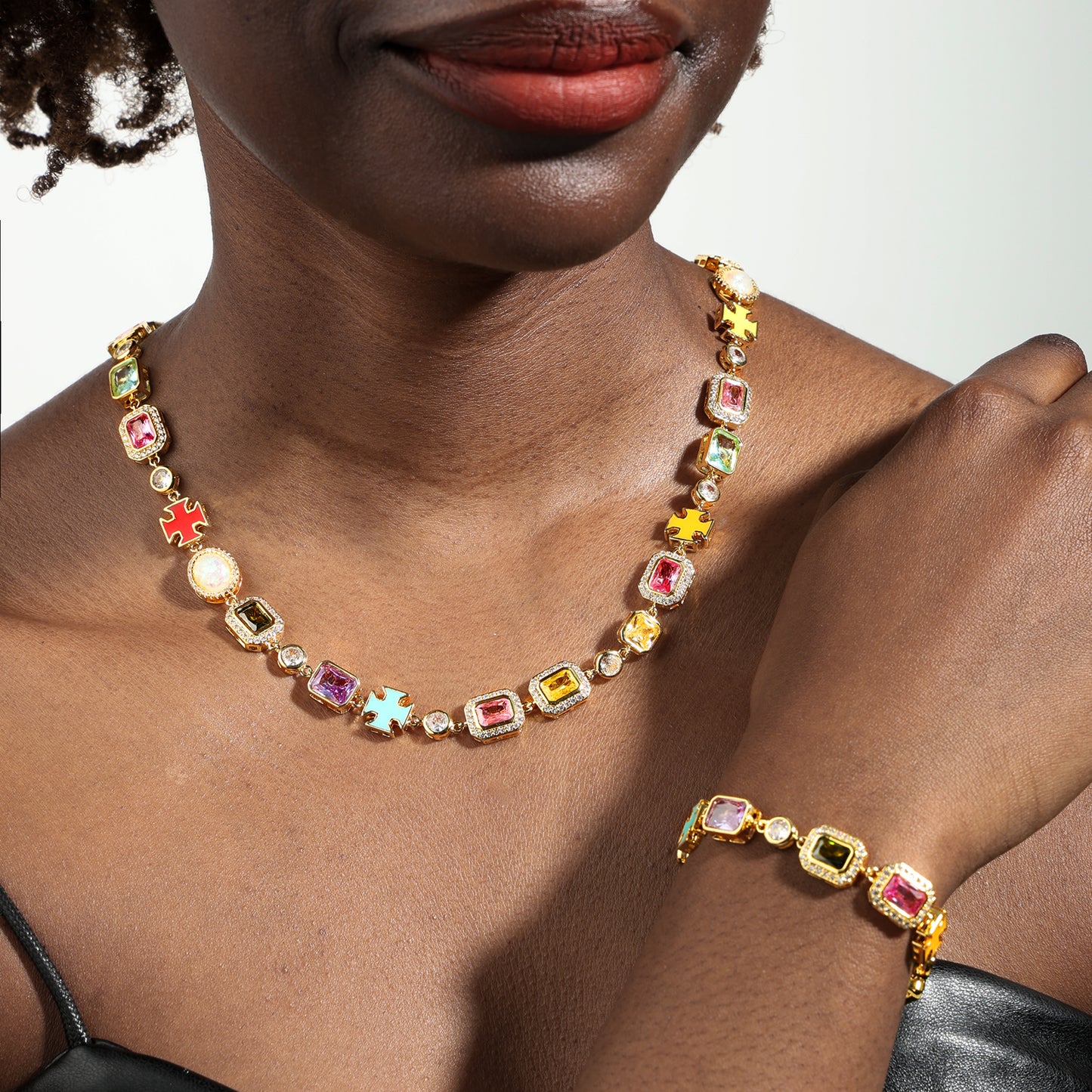 Pink Multi Gemstone Motif Necklace