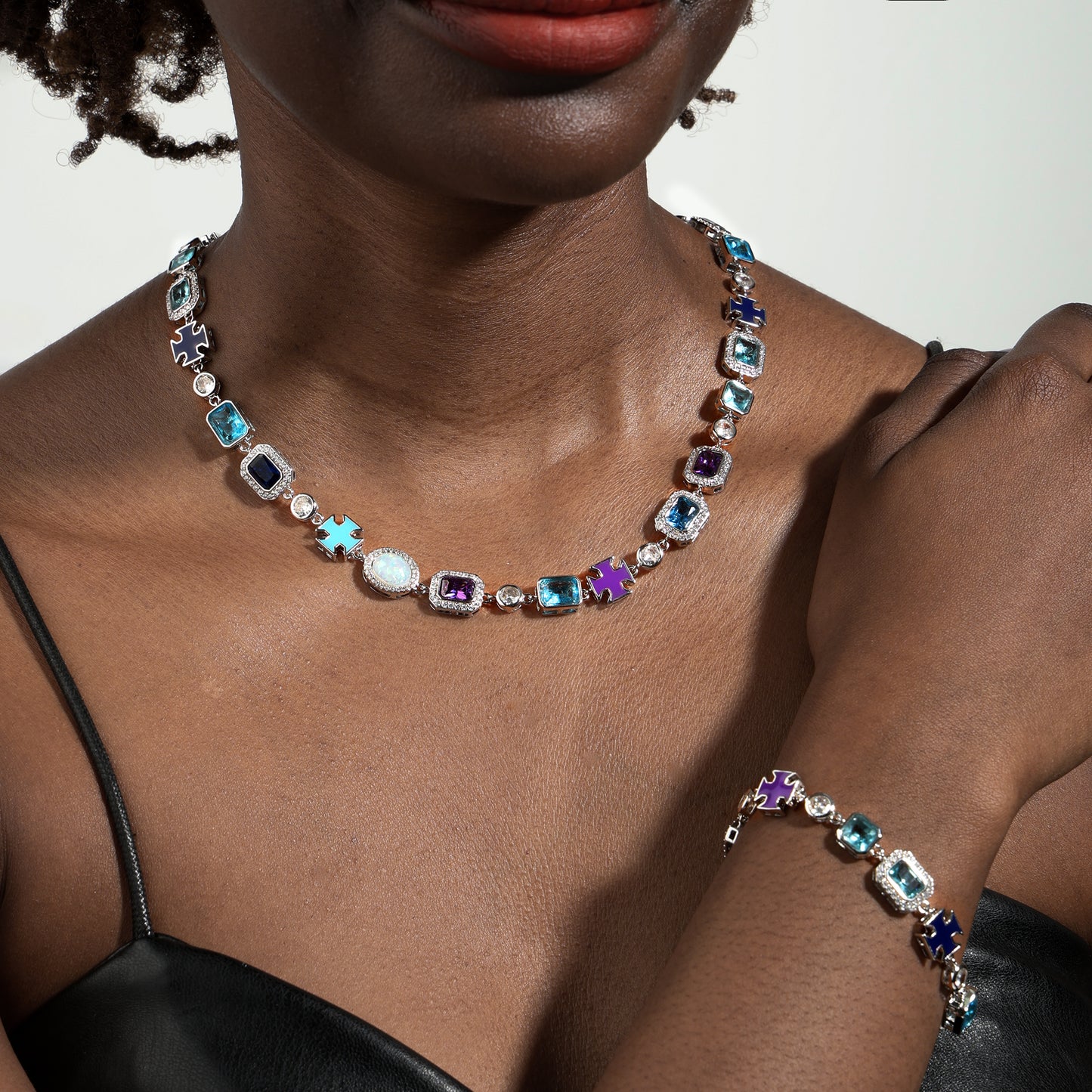 Blue Multi Gemstone Motif Necklace