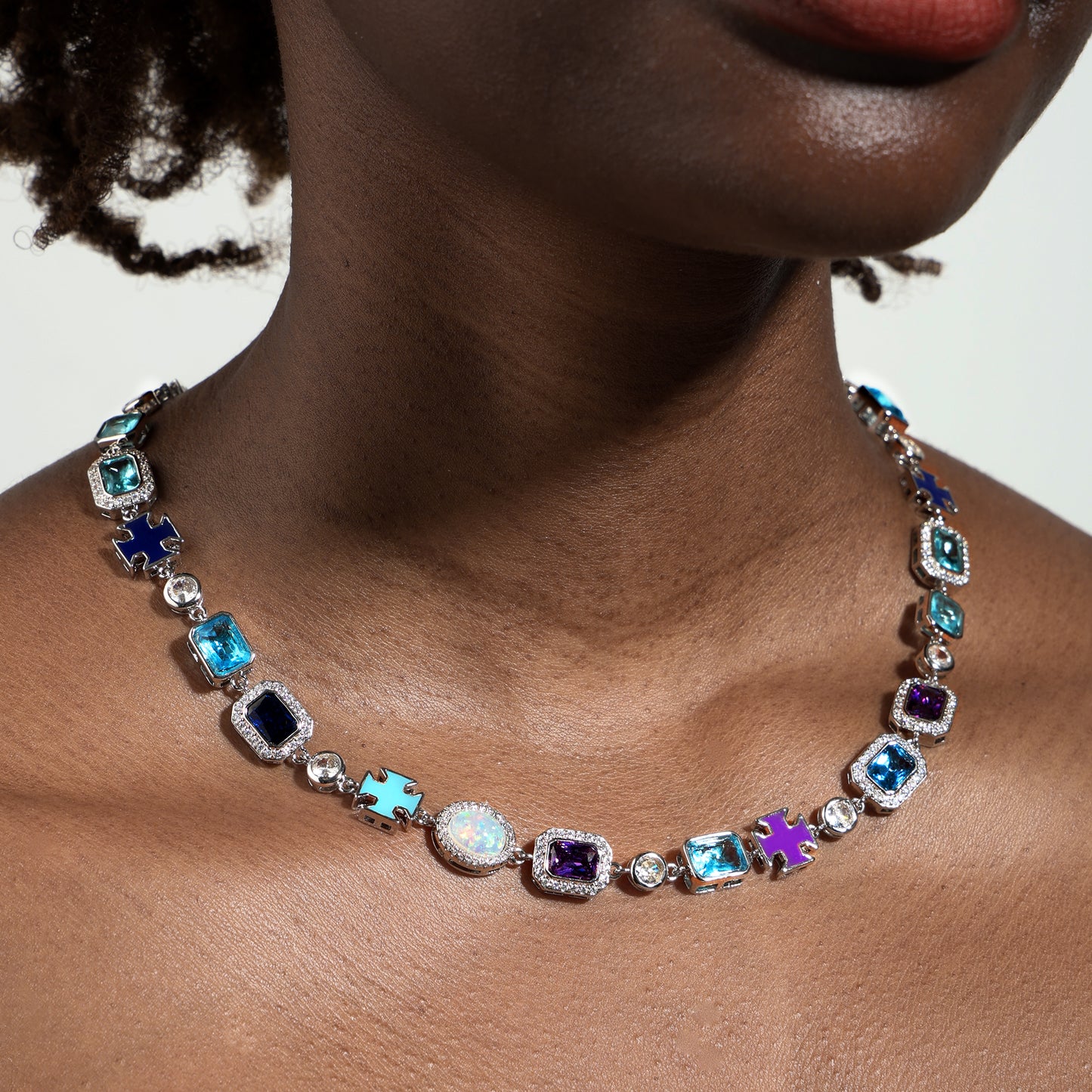 Blue Multi Gemstone Motif Necklace