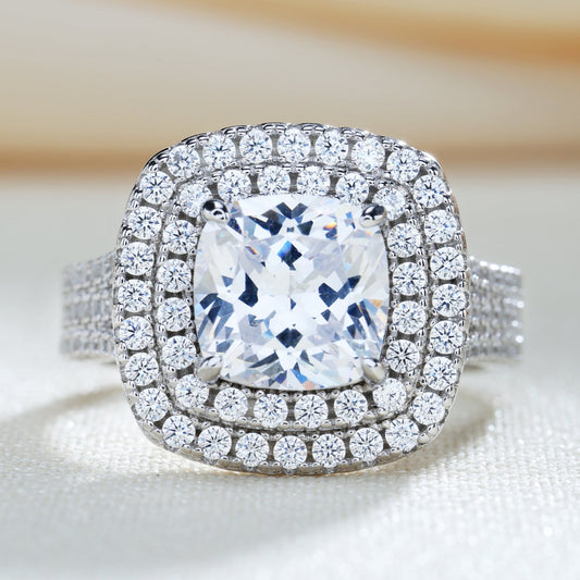 Honorable Double Halo Three Shank Cushion Cut Ring