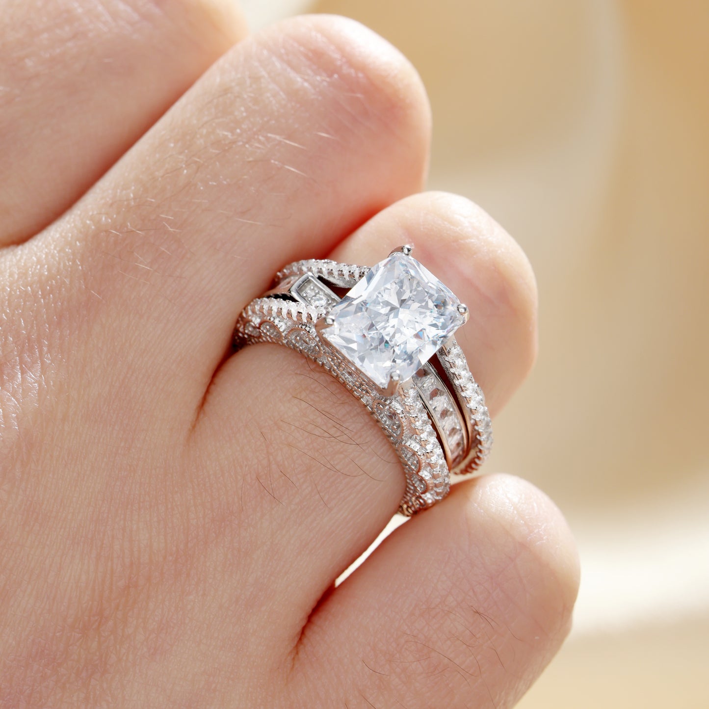 Interchangeable Radiant Cut Sterling Silver Ring Set