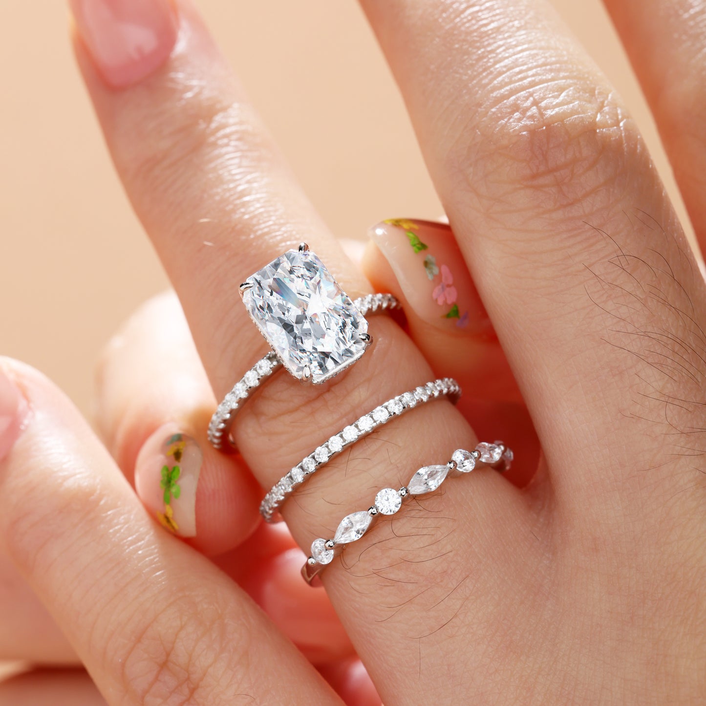 Noble Radiant Cut 3 Pieces Ring Set