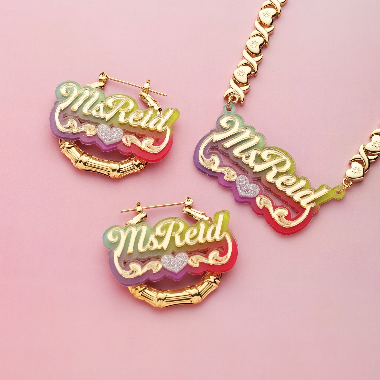 Colorful Bamboo Name Hoop Earrings and Necklace Set