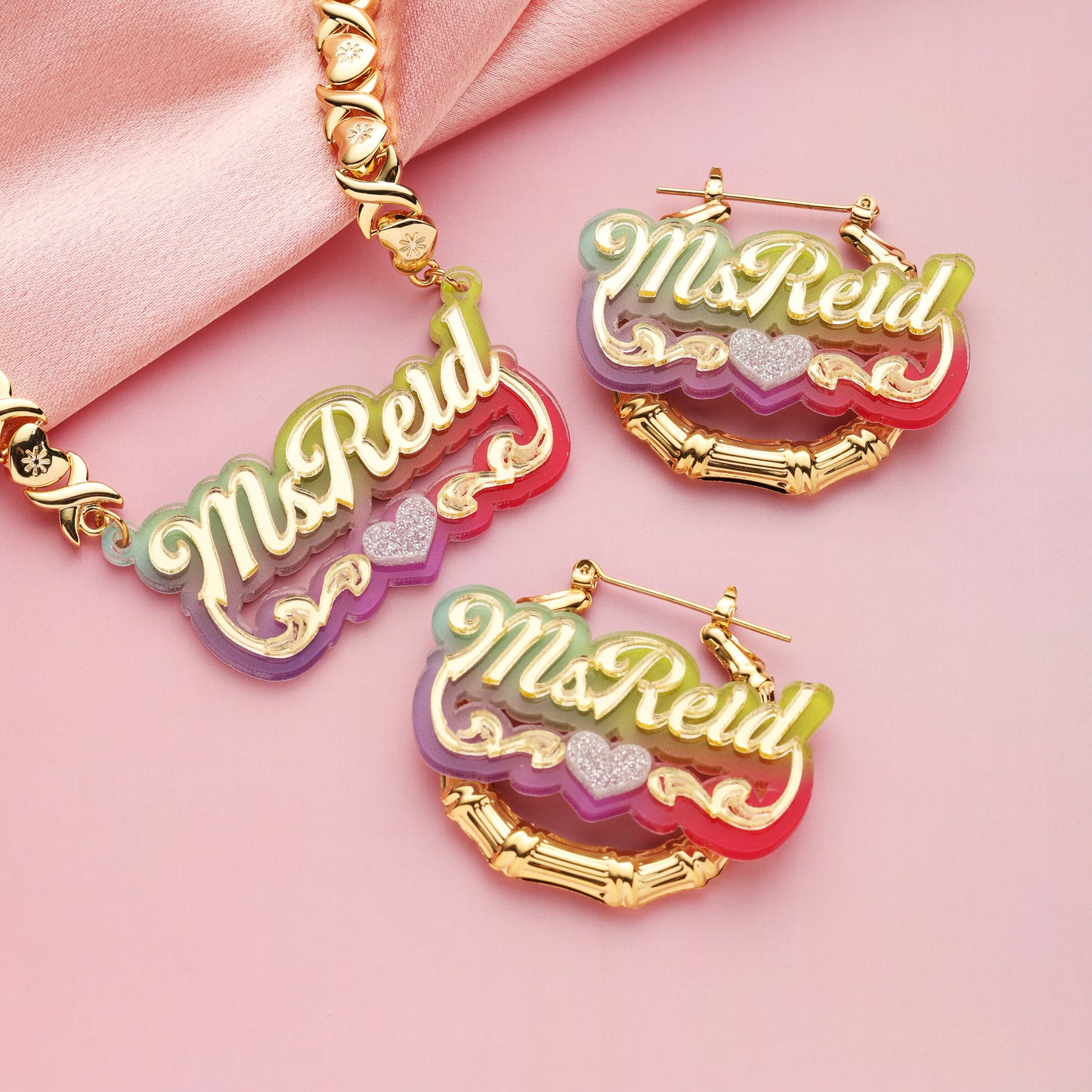 Colorful Bamboo Name Hoop Earrings and Necklace Set