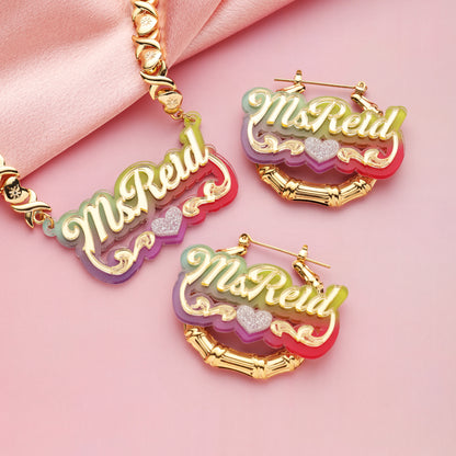 Colorful Bamboo Name Hoop Earrings and Necklace Set