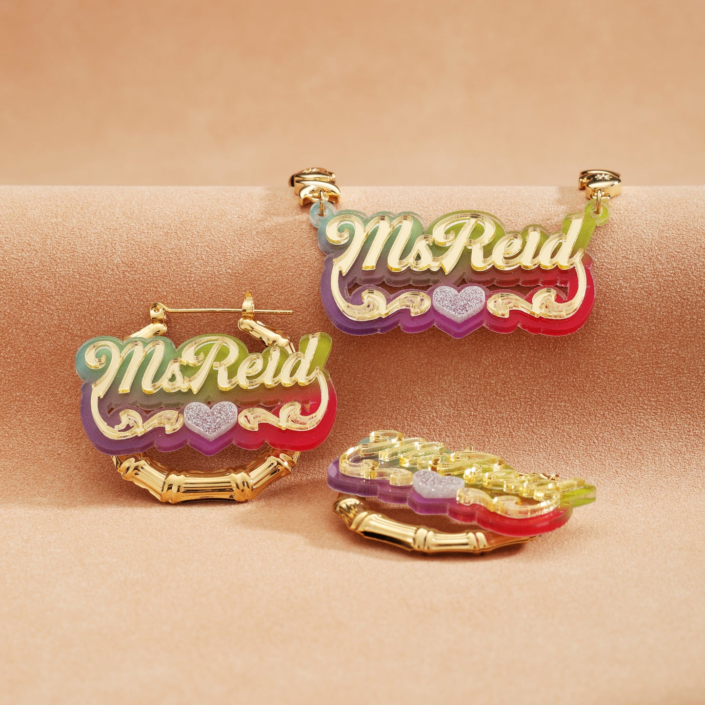 Colorful Bamboo Name Hoop Earrings and Necklace Set