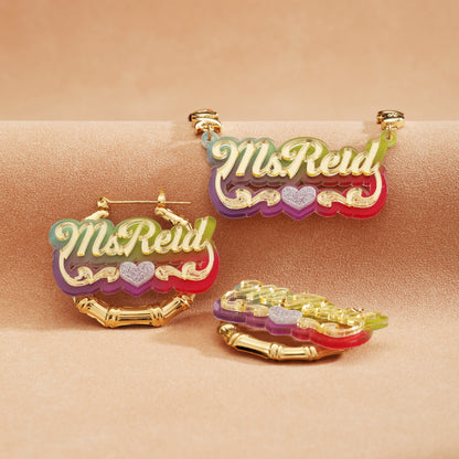 Colorful Bamboo Name Hoop Earrings and Necklace Set