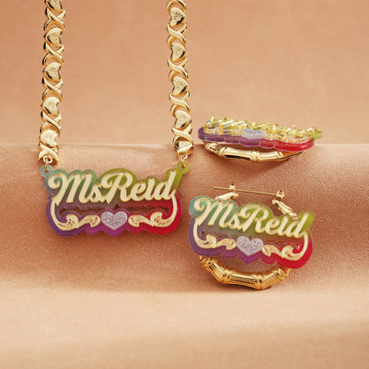 Colorful Bamboo Name Hoop Earrings and Necklace Set