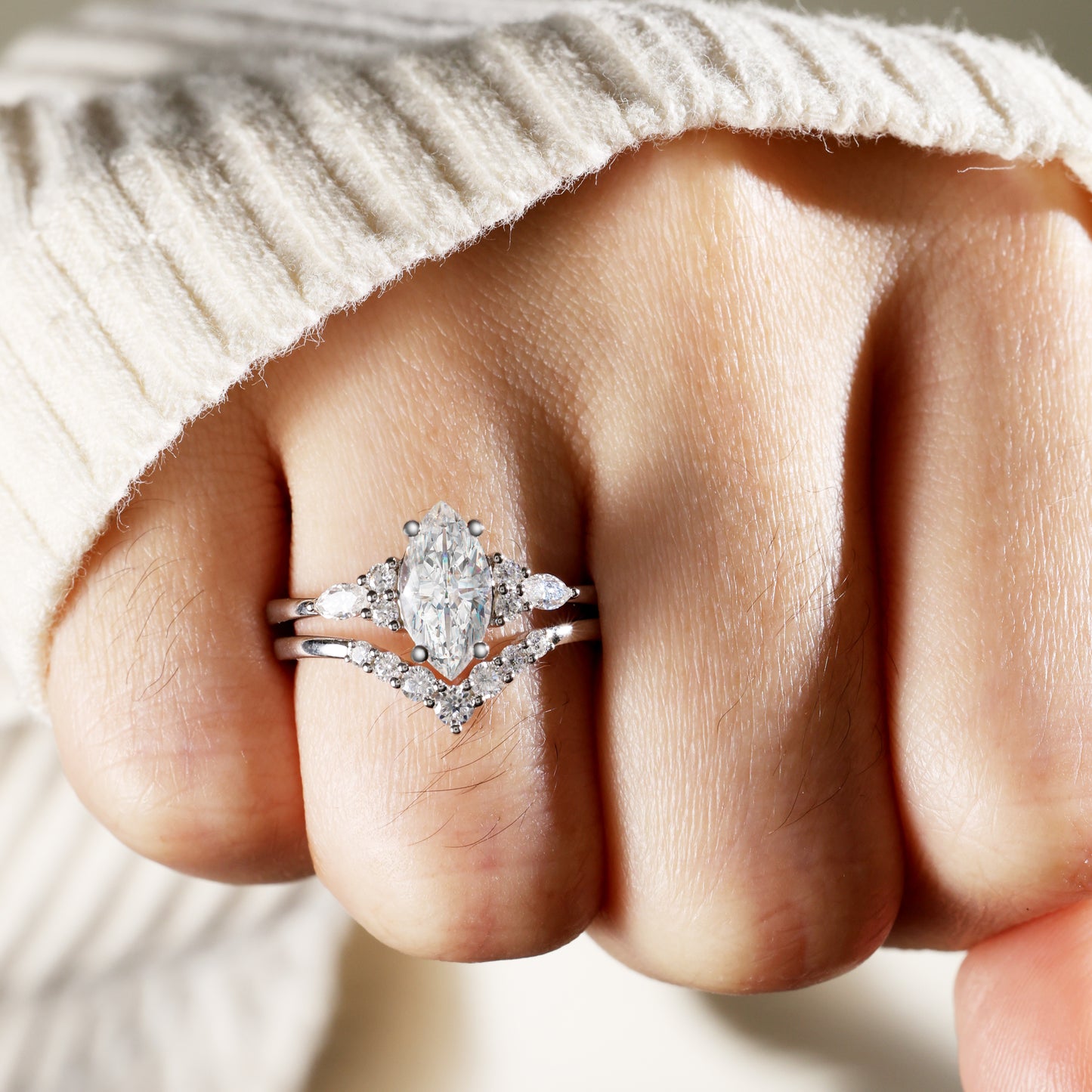 Yellow Gold Marquise Cut Moissanite Engagement Ring Set
