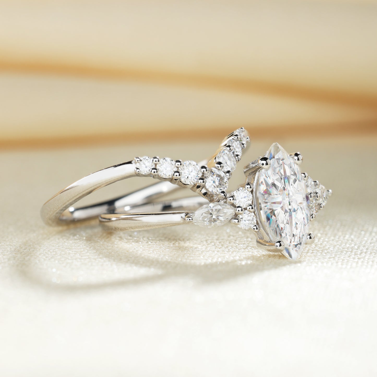 Yellow Gold Marquise Cut Moissanite Engagement Ring Set