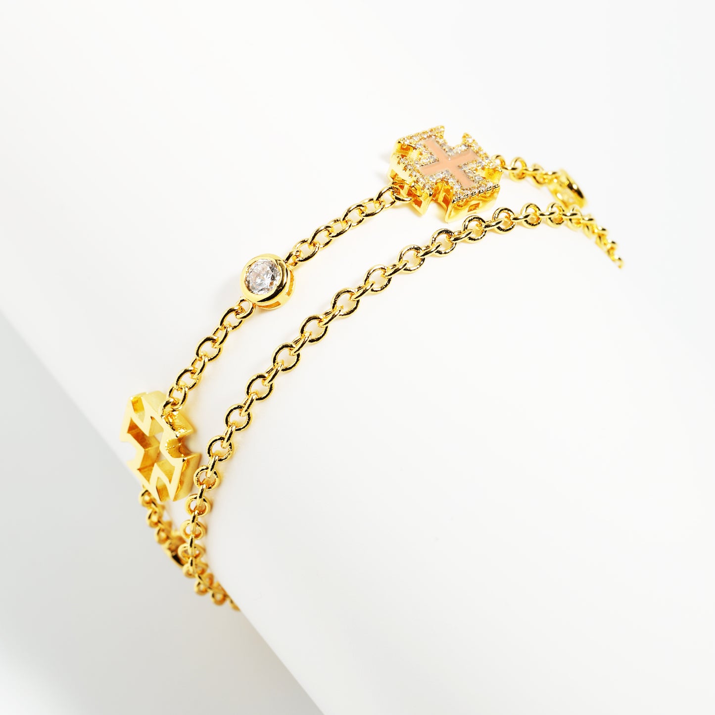 Pink Agate Motif Double Layer Rolo Gemstone Bracelet